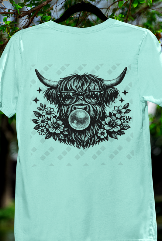 Highland Cow Blowing a Bubble – Unisex T-Shirt (Women's Design)