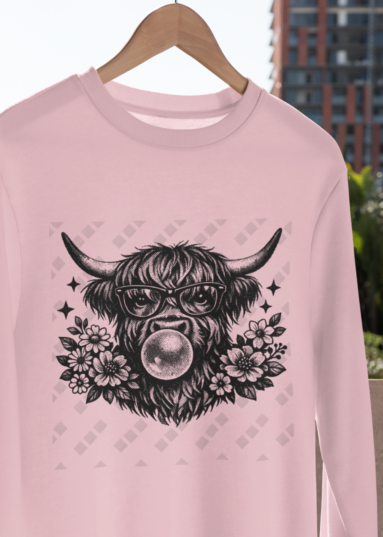 Highland Cow Blowing a Bubble – Unisex Crewneck Sweatshirt (Women's Design)