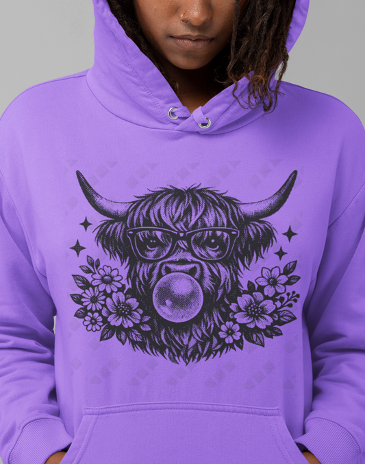 Highland Cow Blowing a Bubble – Unisex Hoodie (Women's Design)