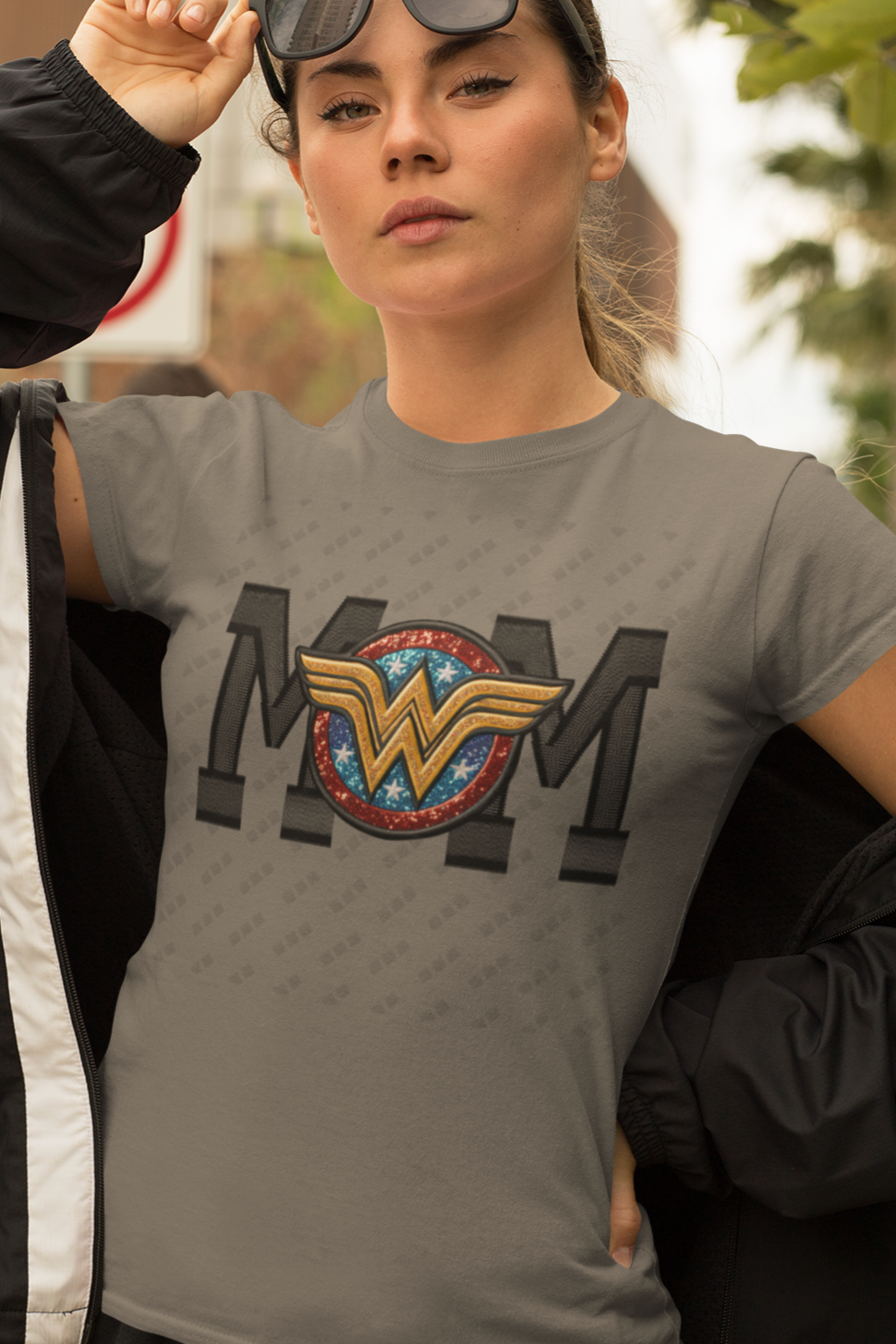Mom Wonder Woman Faux Embroidered Design